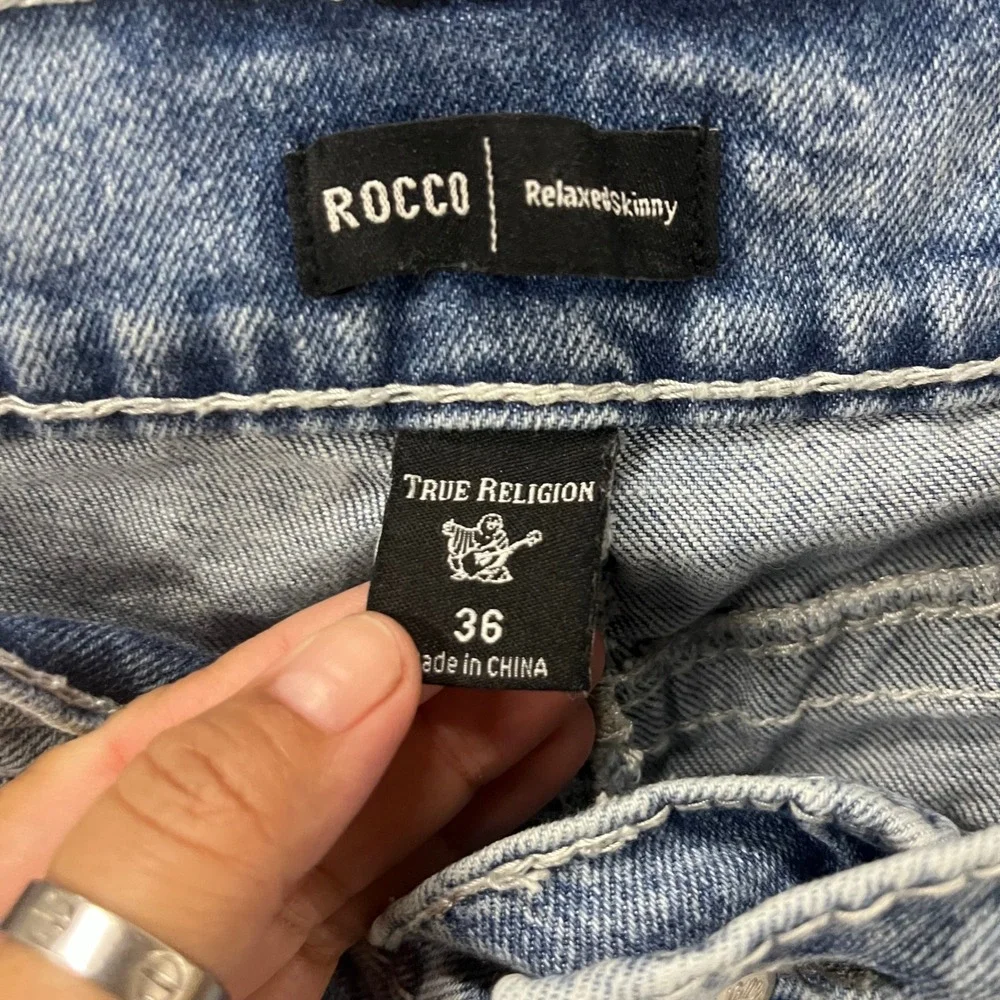 True Religion Jeans Mens Size 36 Blue Rocco Relaxed Acid Wash Stretch Denim